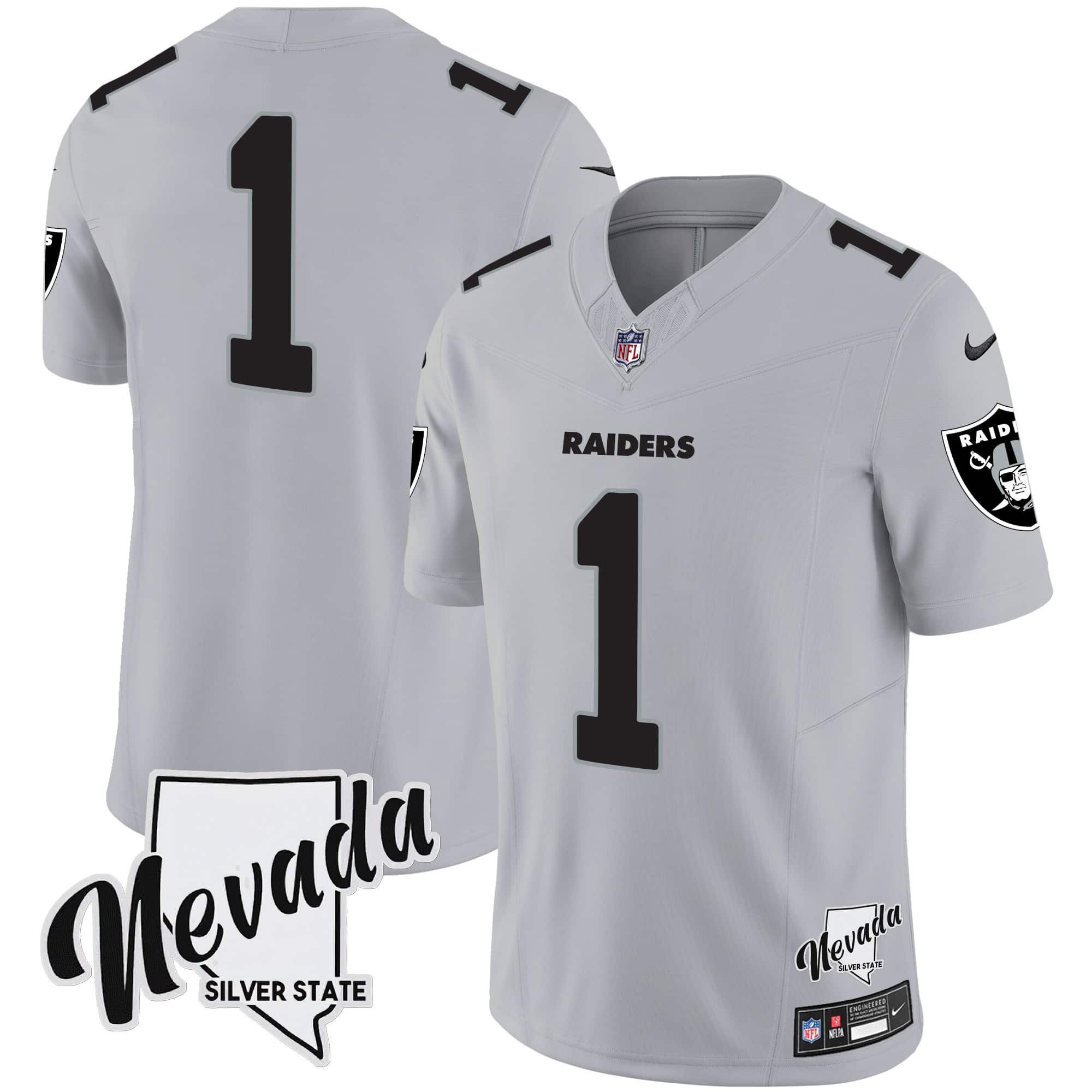 Men Oakland Raiders #1 No Name Grey 2024 Nike Nevada Silver State Patch Vapor NFL Jersey